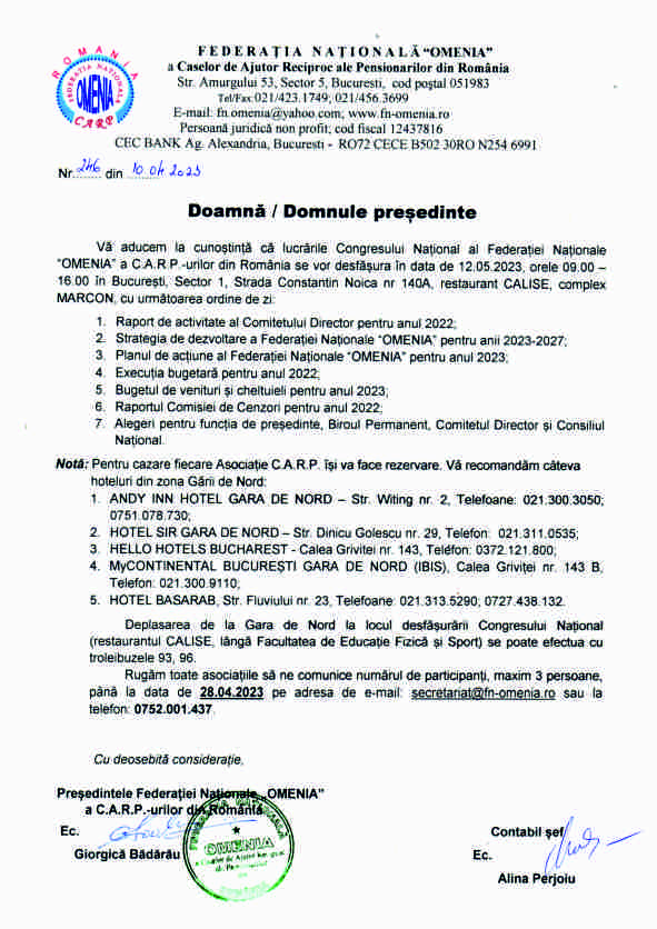 Ordinea de zi - Congresul Național al Federației Naționale "OMENIA" a C.A.R.P.-urilor din România